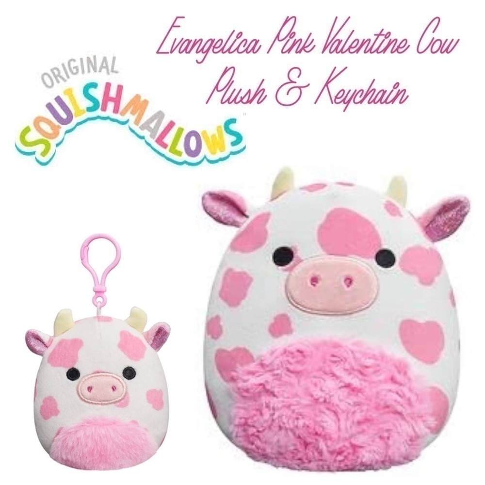 Squishmallow Pink Cow Evangelica Stuffed Animal and Keychain Set